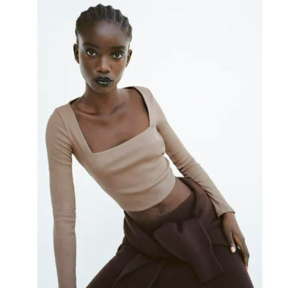 2/$30 Zara Tan Caramel Square Neckline Ribbed Crop Top Long Sleeves Size Large - Picture 1 of 14